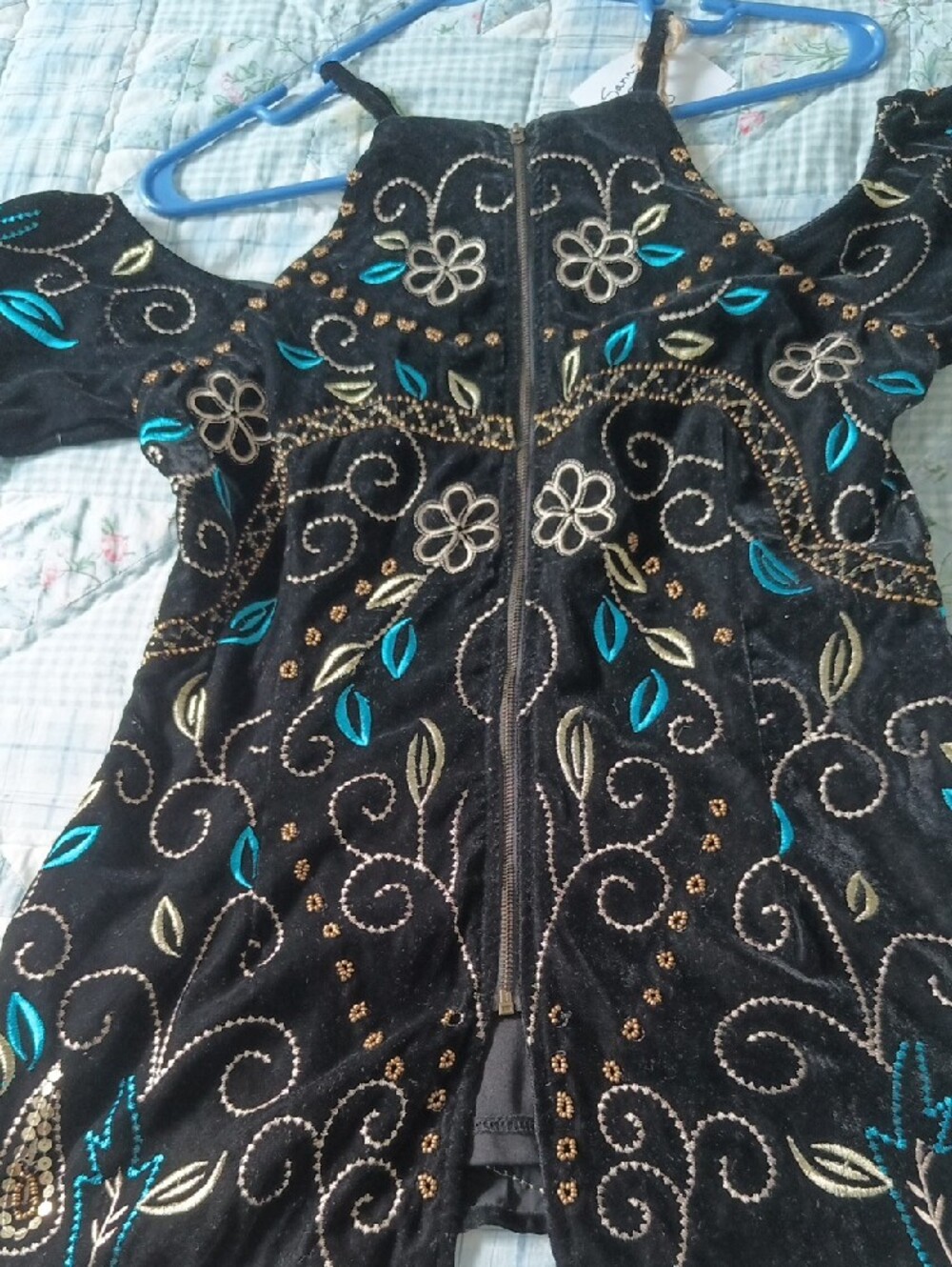 Black Embroidered Velvet Tunic Top with Teal Accents - Picture 6 of 11